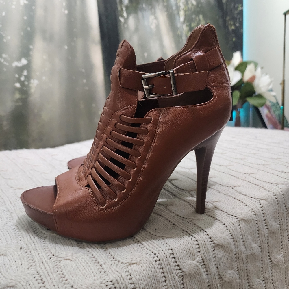 BCBGeneration Tan Caged Peep Toe Heels